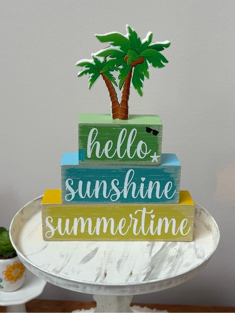 Hello Sunshine Summertime Decorative Wooden Stack - Green/Blue/Yellow